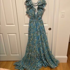 Elegant Floral Blue Evening Gown